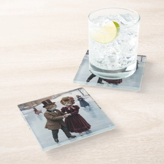 Victorian Skating Cats Glass Coaster Glasuntersetzer (Schrägansicht)