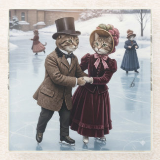 Victorian Skating Cats Glass Coaster Glasuntersetzer