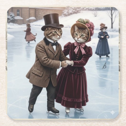 Victorian Skating Cats Paper Coaster Rechteckiger Pappuntersetzer (Vorderseite)