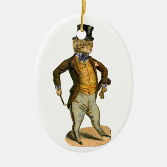 Victorian style cat with top hat ovales keramik ornament