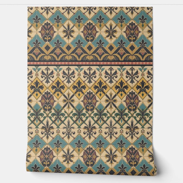 Victorian Tile Pattern in Teal, Gold, and Burgundy Tapete (Abrollen)