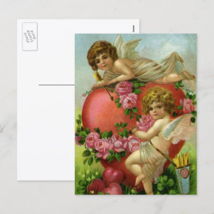 Victorian Valentinstag Vintage Engel Herz Rose Feiertagspostkarte