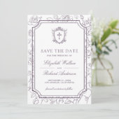 Victorian White and Dusty Purple Catholic Wedding Save The Date (Stehend Vorderseite)