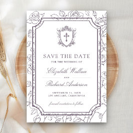 Victorian White and Dusty Purple Catholic Wedding Save The Date