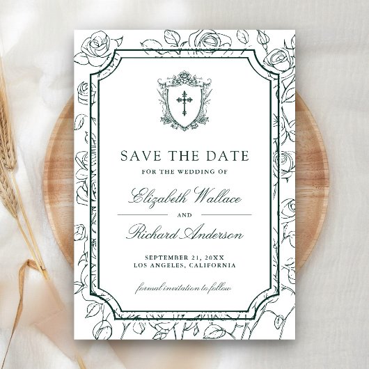 Victorian White and Emerald Green Catholic Wedding Save The Date