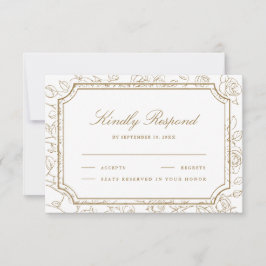 Victorian White and Gold Floral Line Art Wedding RSVP Karte