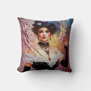 Victorian woman cherry blossom paint textured kissen