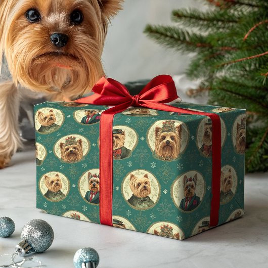 Victorian Yorkie Christmas Portraits on Emerald Gr Geschenkpapier