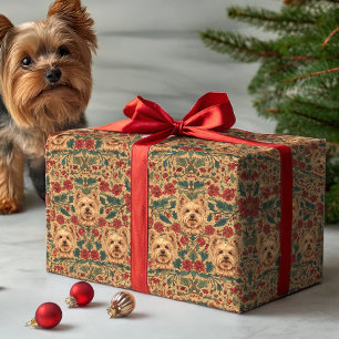 Victorian Yorkie-Weihnachtsflorales auf altem Gold Geschenkpapier