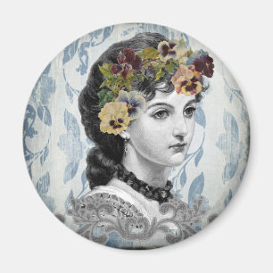 Victorianische Dame Stiefmütterchen auf Tapisserie Magnet