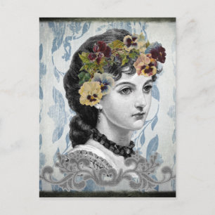 Victorianische Dame Stiefmütterchen auf Tapisserie Postkarte