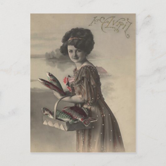 Victorianische Frau Fisch Poisson d'avril Aprilsch Postkarte (Vorderseite)