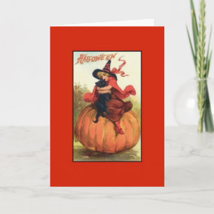 Victorianische schwarze Katze und Hexe Halloween-K Karte