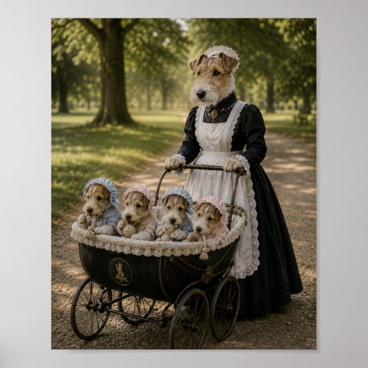 Victorianischer Terrier-Kindermädchen mit Welpen Poster (Vorne)
