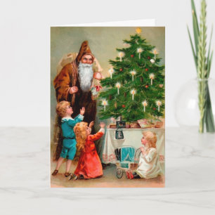 Victorianischer wütender Santa um den Baum herum Feiertagskarte