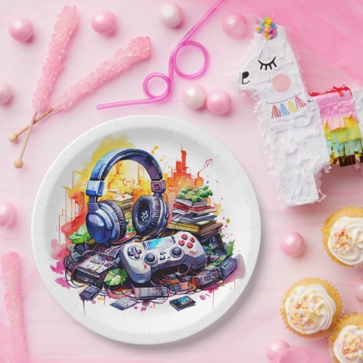 Video-Controller und Kopfhörer-Junge zum Geburtsta Pappteller (Party)