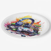 Video-Controller und Kopfhörer-Junge zum Geburtsta Pappteller (Schrägansicht)