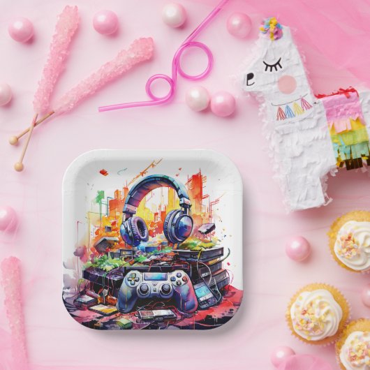 Video-Controller und Kopfhörer-Junge zum Geburtsta Pappteller (Party)