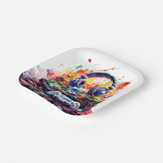 Video-Controller und Kopfhörer-Junge zum Geburtsta Pappteller (Gewinkelt)