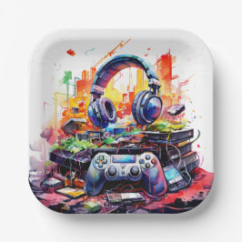 Video-Controller und Kopfhörer-Junge zum Geburtsta Pappteller