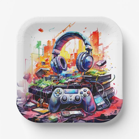 Video-Controller und Kopfhörer-Junge zum Geburtsta Pappteller (Vorderseite)