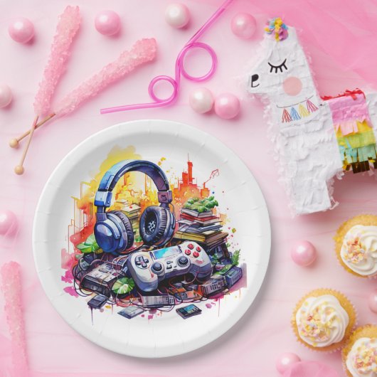 Video-Controller und Kopfhörer-Junge zum Geburtsta Pappteller (Party)