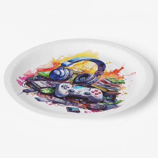 Video-Controller und Kopfhörer-Junge zum Geburtsta Pappteller (Schrägansicht)