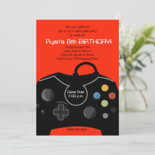Video Game Birthday Boys Einladung hellrot (Stehend Vorderseite)