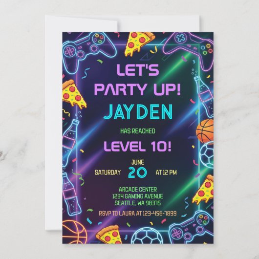 Video Game Birthday Invitation, Neon Gaming Party Einladung (Vorderseite)