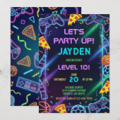 Video Game Birthday Invitation, Neon Gaming Party Einladung (Vorne/Hinten)