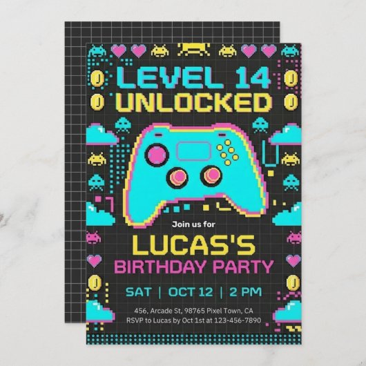 =Video Game Birthday Invitation Pixel Gamer Party Einladung (Vorne/Hinten)