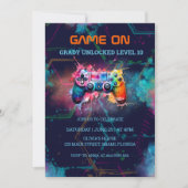 Video Game Birthday Party Neonspiel auf Level Up Einladung (Vorderseite)