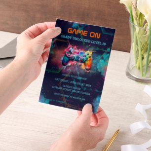 Video Game Birthday Party Neonspiel auf Level Up Pergament Einladungen