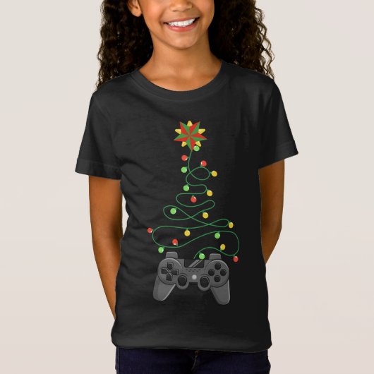 Video Game Controller Weihnachtsbaum Lichter Funny T-Shirt (Vorderseite)