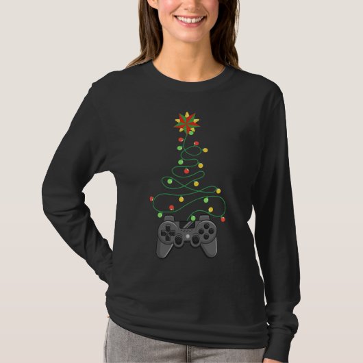 Video Game Controller Weihnachtsbaum Lichter Funny T-Shirt (Vorderseite)