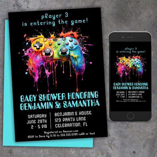 Video Game Gamer Blue Baby Dusche Einladung