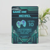 Video Game Green Kindergeburtstag Party Einladung (Stehend Vorderseite)