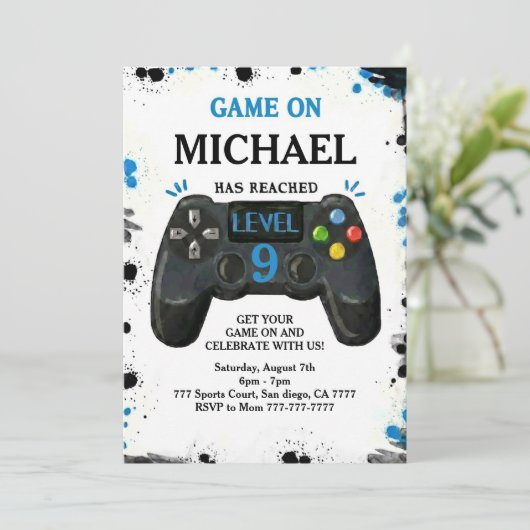 Video Game Level up Gamer Birthday Einladung (Stehend Vorderseite)