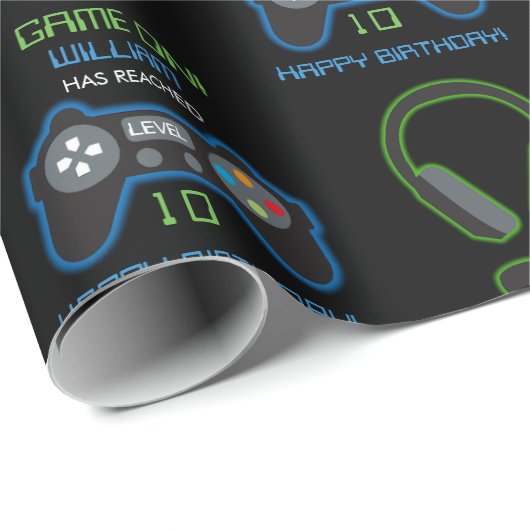 Video Game Neon Blue & Green Birthday Age Name Geschenkpapier (Rolleneckpunkt)