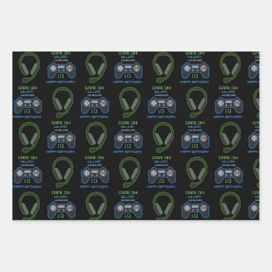 Video Game Neon Blue & Green Birthday Age Name Geschenkpapier Set (Vorderseite 3)