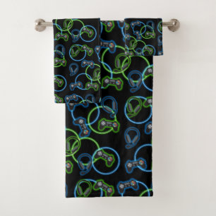 Video Game Neon Blue & Green Muster Badhandtuch Set