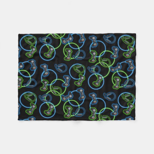 Video Game Neon Blue & Green Muster Fleecedecke (Vorderseite (Horizontal))