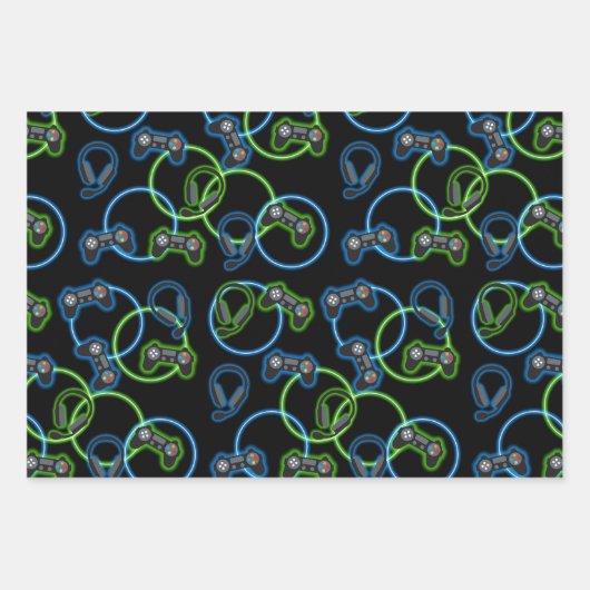 Video Game Neon Blue & Green Muster Geschenkpapier Set (Vorderseite 3)