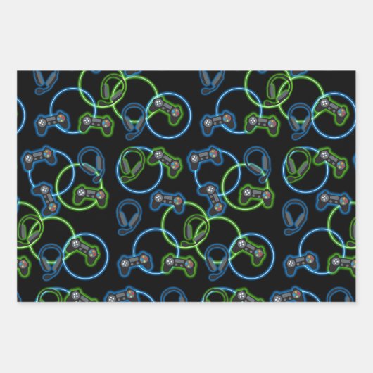 Video Game Neon Blue & Green Muster Geschenkpapier Set (Vorderseite 2)