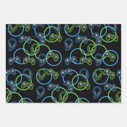 Video Game Neon Blue & Green Muster Geschenkpapier Set (Vorderseite)