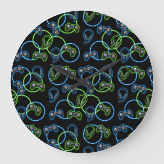 Video Game Neon Blue & Green Muster Große Wanduhr (Vorderseite)