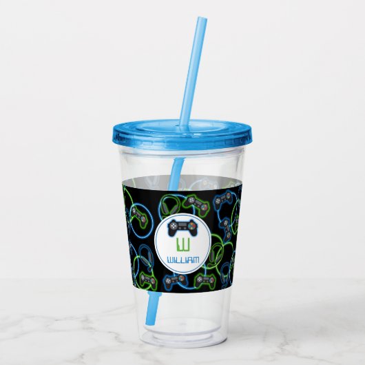 Video Game Neon Blue & Green Muster Monogram Acryltrinkbecher (Rückseite)