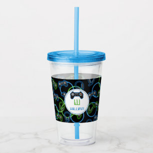 Video Game Neon Blue & Green Muster Monogram Acryltrinkbecher