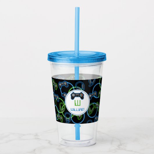 Video Game Neon Blue & Green Muster Monogram Acryltrinkbecher (Vorderseite)