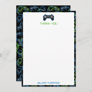 Video Game Neon Blue & Green Muster Monogram Dankeskarte